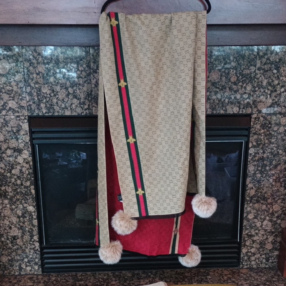 Designer Beige Monogram Scarf with Red Trim & Fur Pom Poms